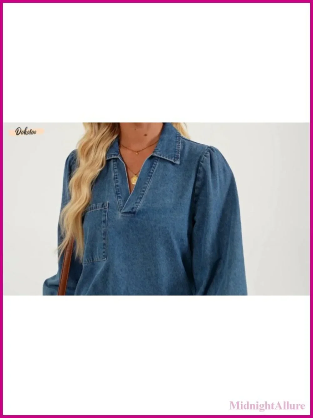 Dokotoo Denim Dress for Women 3/4 Puff Sleeve Babydoll Jean Dress V Neck Mini
